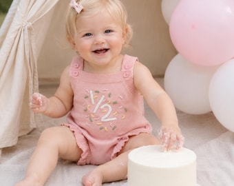 Half Birthday Girl Outfit, Pink Knit Romper with Embroidered 1/2 and Cake Sprinkles, 6 Month Cake Smash Photo Outfit Gift for Baby