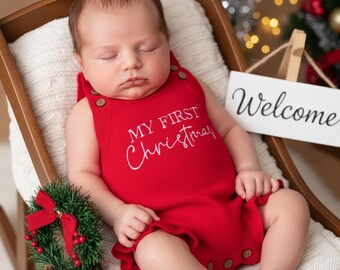 Baby Girl Embroidered First Christmas Knit Romper,  Holiday Suspender Bodysuit with Ruffles, Boho Winter Outfit for Newborn Photo Prop