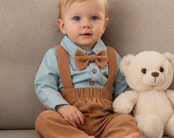 Toddler boy ring bearer suit for fall wedding, infant gentleman clothing set featuring vintage corduroy suspenders and elegant bow tie.
