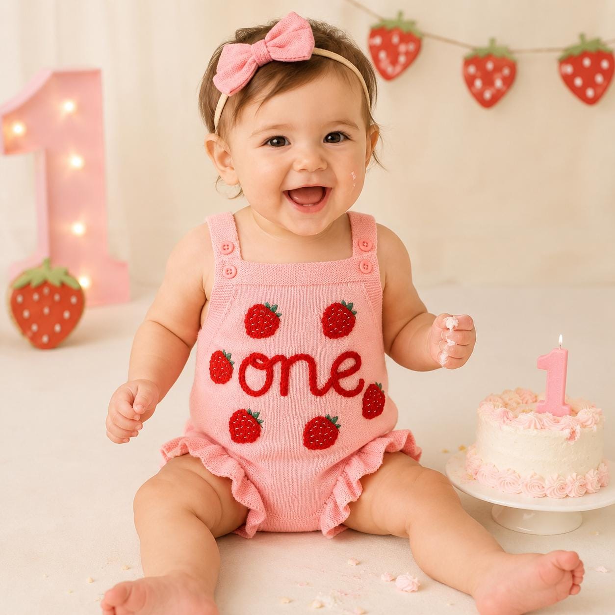 Berry First Birthday Outfit Baby Girl Embroidered Strawberry Knit Romper Ruffle Suspender Bodysuit Sweet One Smash Cake Garments