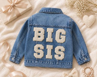 Personalized Big Sis Little Sis Denim Jacket, Baby Toddler Jean Jacket, Custom Sibling Announcement Gift