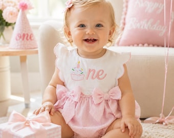 Cupcake 1st Birthday Outfit Girl Pink Seersucker Bow Romper First Cake Smash Bodysuit Sweet One Party Bubble Romper