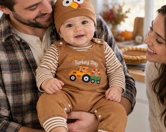 Puede incluir: Un conjunto de peto para bebé en color marrón con camiseta de rayas de manga larga y gorro a juego con diseño de pavo. El peto incluye un tractor naranja bordado que arrastra un pavo y el texto My First Turkey Day.