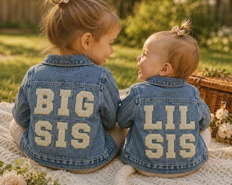Custom Big Sister Denim Jacket for Toddler Girls, Personalized Little Sister Jean Coat, Baby Sibling Gift Outfit