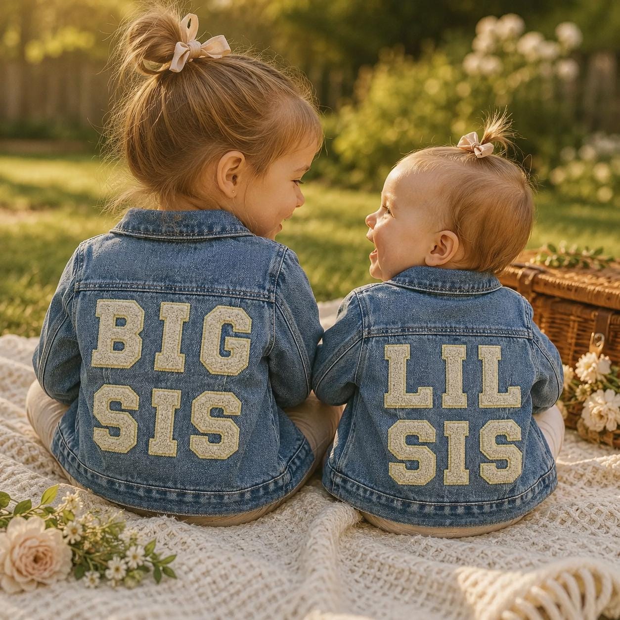 Custom Big Sister Denim Jacket for Toddler Girls, Personalized Little Sister Jean Coat, Baby Sibling Gift Outfit
