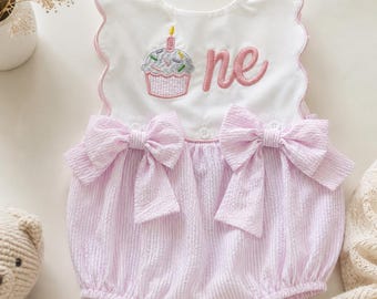 Conjunto de cumpleaños de cupcake para niña, mono rosa de seersucker con lazo, body para la primera sesión de fotos con pastel, mono burbuja para la fiesta de cumpleaños número uno