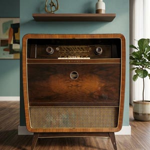 Könnte beinhalten: Ein vintage Grundig Standradio mit einem Gehäuse aus dunklem Holzfurnier mit abgerundeten Ecken, einem zentralen Radioskalen-Display mit Drehknöpfen, einem großen Lautsprechergitter mit goldenem Netzmuster und vier konischen Holzbeinen.