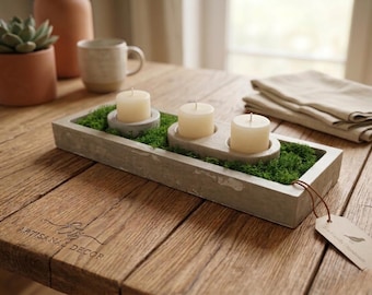 Portavelas de cemento | Musgo preservado | Centro de mesa moderno | Decoración ecológica para el hogar | Set de regalo