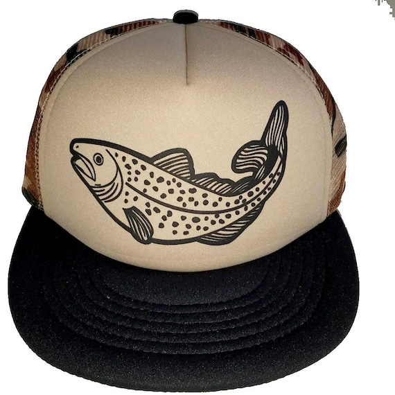 Trout Olive Army Green Mountain Snapback Mesh Trucker Hat Cap Fly Fishing