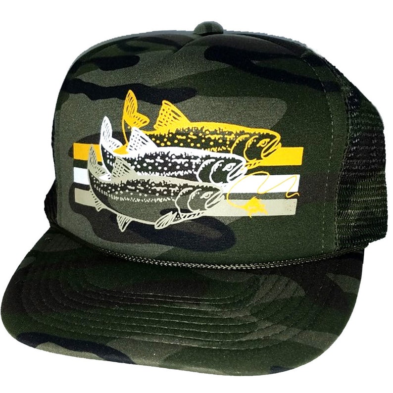 Trout Olive Army Green Mountain Snapback Mesh Trucker Hat Cap Fly Fishing
