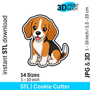 Könnte beinhalten: Eine digitale Illustration eines Beagle-Welpen mit braunem, schwarzem und weißem Fell. Der Text lautet: 3D PRINT READY, instant STL download, 14 Sizes 1 – 10 inch, JPG & 3D 1 - 10 inch / 2.5 - 25 cm, und STL | Cookie Cutter.
