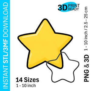 May include: A yellow star with a black outline, next to a black outline of a star. The image includes the text "14 Sizes 1 - 10 inch" and "PNG & 3D 1 - 10 inch / 2.5 - 25 cm". The image also includes the text "3D Print Ready" and "Instant STL/3MF Download".