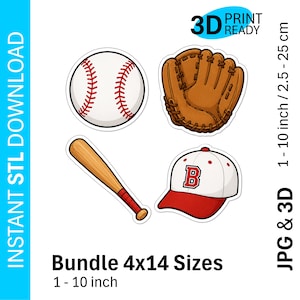 Könnte beinhalten: Ein digitales Grafikset mit einem weißen Baseball mit roten Nähten, einem braunen Baseballhandschuh aus Leder, einem hölzernen Baseballschläger und einer weißen Baseballkappe mit rotem Schirm und einem roten Buchstaben B. Text: 3D PRINT READY, INSTANT STL DOWNLOAD, Bundle 4x14 Sizes 1 - 25 cm.