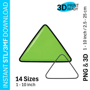 May include: A green triangle with a black outline, and a smaller black triangle. Text includes "14 Sizes 1-10 inch" and "PNG & 3D 1-10 inch / 2.5 - 25 cm". The image also has the text "3D Print Ready" and "Instant STL/3MF Download".