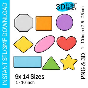 Könnte beinhalten: Eine digitale Grafik mit neun bunten Formen, darunter ein Achteck, Quadrat, Kreis, Raute, Oval, Herz, Rechteck, Dreieck und Stern. Der Text umfasst 3D PRINT READY, 9x 14 Sizes, 1-10 inch/2.5-25 cm, INSTANT STL/3MF DOWNLOAD sowie PNG & 3D.