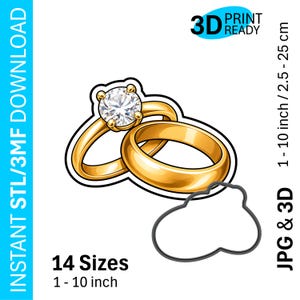 May include: A gold engagement ring with a large, clear gemstone and a plain gold wedding band. The image also includes a black outline of a shape and text indicating 14 sizes available from 1 to 10 inches.