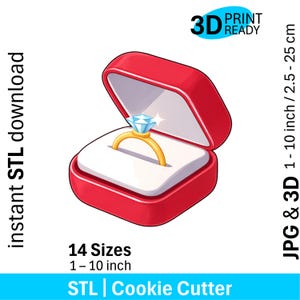 Könnte beinhalten: Eine rote Ringbox mit einem goldenen Ring mit blauem Diamanten, inklusive Text: 3D PRINT READY, instant STL download, 14 Sizes 1 - 10 inch, JPG & 3D 1 - 10 inch/2.5 - 25 cm, und STL | Cookie Cutter. Es ist eine digitale Illustration.