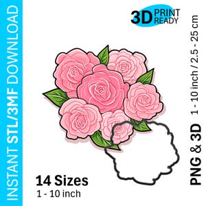 Puede incluir: Ilustración digital de un ramo de rosas rosas con hojas verdes y un contorno negro. La imagen incluye el texto "14 Tamaños 1 - 10 pulgadas" y "PNG & 3D 2.5 - 25 cm". La imagen está etiquetada como "3D Print Ready".