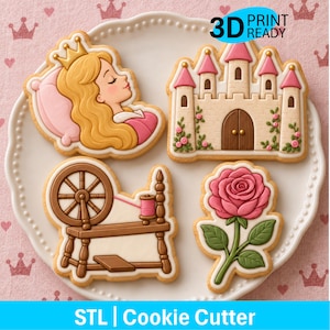 Könnte beinhalten: Vier Ausstechformen, die eine schlafende Figur mit Krone auf einem Kissen, ein Schloss mit rosafarbenen Türmen, ein Spinnrad und eine Rose zeigen. Das Bild enthält den Text 3D PRINT READY und STL Cookie Cutter. Die Designs sind detailliert.