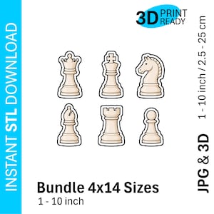 Könnte beinhalten: Eine digitale Grafik mit sechs beigen Schachfiguren-Umrissen: Dame, König, Springer, Läufer, Turm und Bauer. Der Text umfasst 3D PRINT READY, INSTANT STL DOWNLOAD, Bundle 4x14 Sizes, 1 - 10 inch, 1 - 10 inch / 2.5 - 25 cm, JPG & 3D.