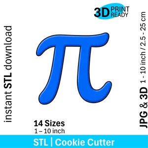 Può includere: Un design per tagliabiscotti a forma di simbolo pi greco blu. Il testo include 3D PRINT READY, instant STL download, 14 Sizes 1-10 inch e JPG & 3D 1-10 inch/2.5-25 cm. Il design è destinato alla stampa 3D in varie dimensioni.