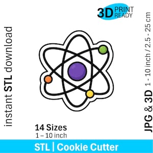 May include: A cookie cutter shaped like an atom with a central purple nucleus and three orbiting spheres in green, orange, and yellow. Text includes 3D PRINT READY, instant STL download, 14 Sizes 1-10 inch, and JPG & 3D 1-10 inch/2.5-25 cm.