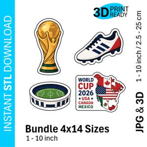 Könnte beinhalten: Ein digitales Set mit vier fußballbezogenen Grafiken, darunter ein goldener Pokal, ein weiß-blauer Fußballschuh, ein Stadion und eine Karte von Nordamerika mit dem Text World Cup 2026 USA Canada Mexico, in Größen von 2,5 bis 25 cm.