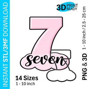 Peut inclure: Un motif rose représentant le chiffre sept avec le mot "seven" en écriture cursive et une forme de nuage. Le design est disponible en 14 tailles, de 2,5 à 25 cm, et est prêt pour l'impression 3D.