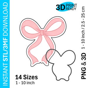Pode incluir: Um design de laço rosa para impressão 3D com contorno preto, acompanhado por um contorno menor da mesma forma. Disponível em 14 tamanhos, de 2,5 a 25 cm. A imagem também inclui o texto "3D Print Ready".