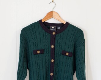 Vintage wool sweater / cardigan / green / navy / women's / Medium