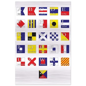 May include: A poster featuring the nautical alphabet, with each letter represented by a colorful flag. Each flag has a letter and a corresponding word printed below it. The background has a brushed metal texture.