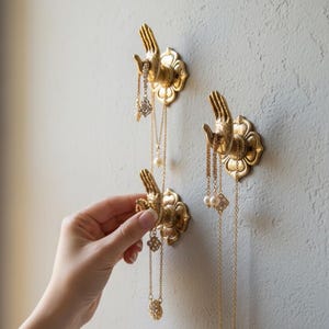 Brass Hand Wall Hooks | Vintage Jewelry Hangers, Boho Decor