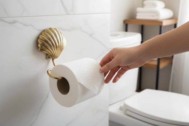 May include: A decorative gold-coloured seashell toilet roll holder fixed to a white marble tile wall. The holder has a curved arm to hold the roll of white toilet paper. The bathroom setting includes a toilet and a small wooden shelf.