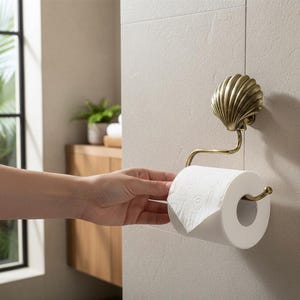 May include: A brass seashell-shaped toilet roll holder fixed to a light-coloured wall. The holder features a curved arm holding a roll of white toilet paper. The design adds a touch of elegance to a bathroom, a stylish home accessory.