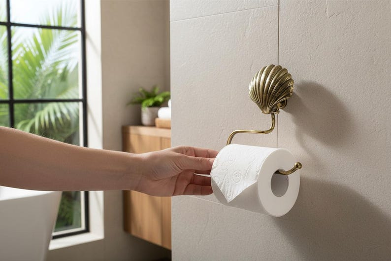 May include: A brass seashell-shaped toilet roll holder fixed to a light-coloured wall. The holder features a curved arm holding a roll of white toilet paper. The design adds a touch of elegance to a bathroom, a stylish home accessory.