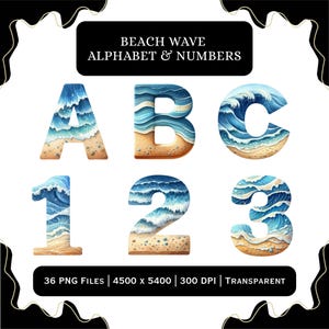 Puede incluir: Letras y números del alfabeto en acuarela, incluyendo A, B, C, 1, 2 y 3, con un diseño de olas de playa. Las letras y los números son azules y blancos, con una base de playa arenosa. Se incluye el texto "BEACH WAVE ALPHABET & NUMBERS".
