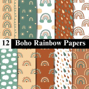 Pode incluir: Uma coleção de 12 papéis digitais com padrões repetitivos de arco-íris, sóis, nuvens e gotas de chuva em tons de terracota, verde sálvia e creme. O texto 12 Boho Rainbow Papers é exibido em branco numa faixa horizontal preta.