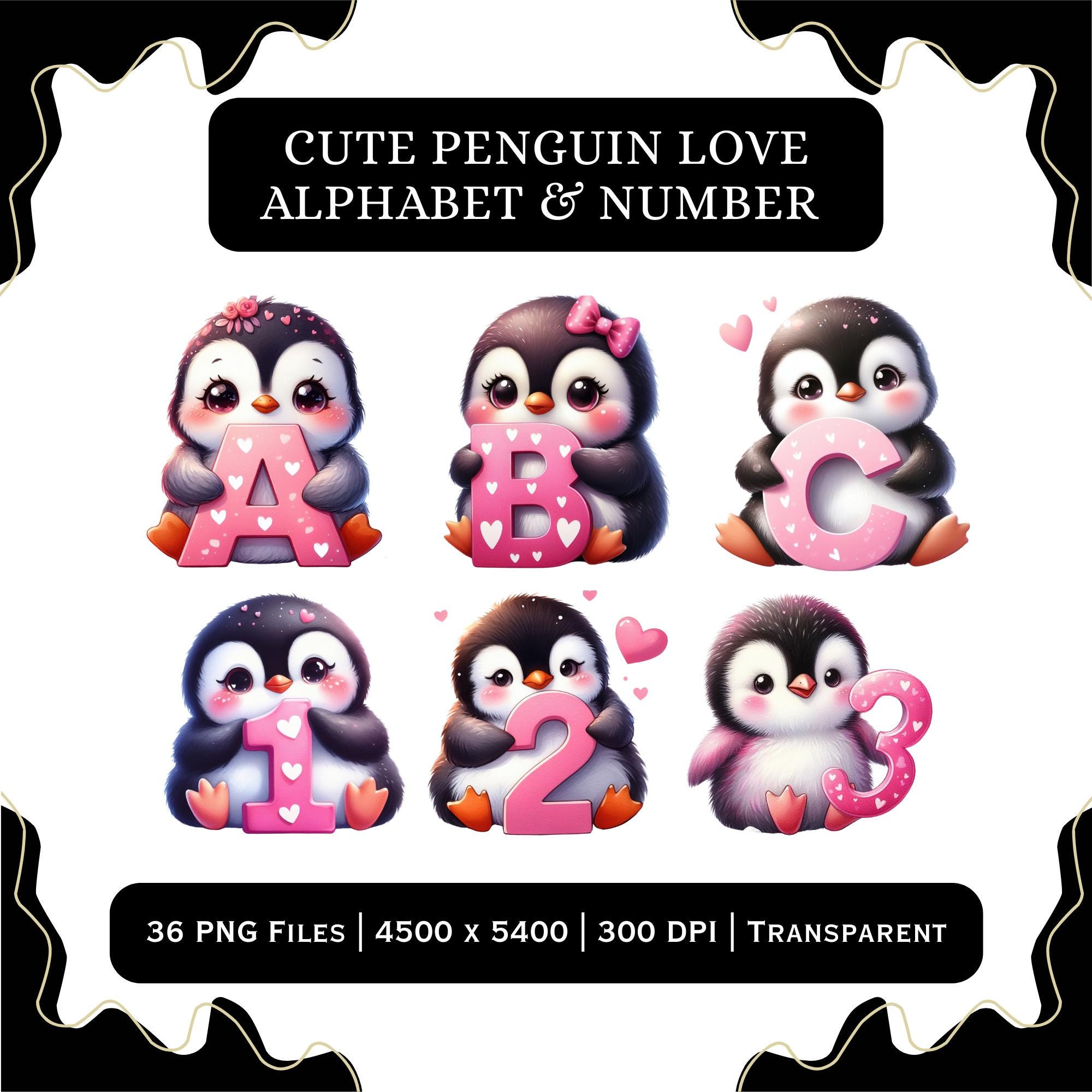 Penguin Love Alphabet Numbers PNG | Valentine Letters A to Z 0 to 9 ...