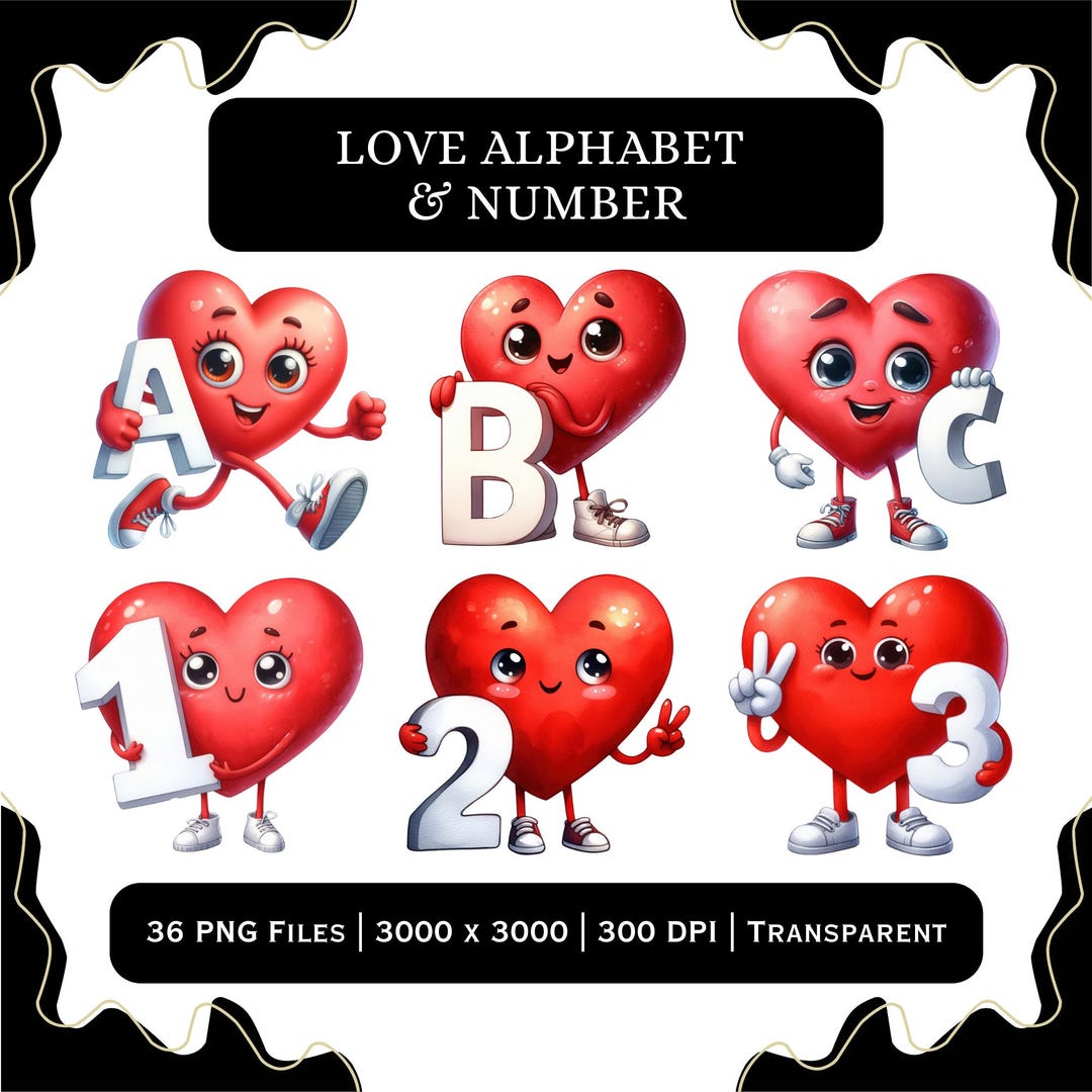 Love Alphabet Letters Numbers PNG | Romantic Heart A to Z 0 to 9 ...
