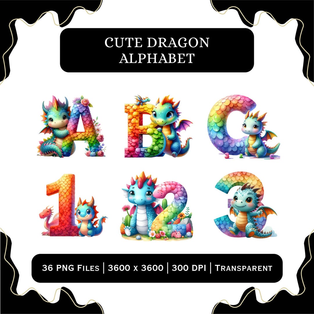 Dragon Alphabet Letters Numbers Set A–Z 0–9 PNG | Fantasy Learning ...