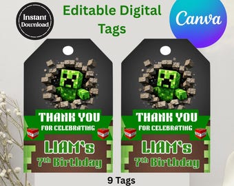 Minecraft Thank You Tags | Editable Digital Party Favor Tags | Birthday Party Printable | Instant Download