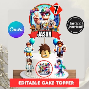 May include: A white cake decorated with Roblox-themed cake toppers, including a central figure with the name "JASON" and the number "7". Additional figures and the words "HAPPY BIRTHDAY" are also featured. The cake is on a white surface.