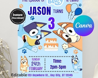 Editable Blue dog Birthday Invitation Template, Dog Party Invite, Dog Birthday Party Invitation, Kids Dog Invite, Instant Download