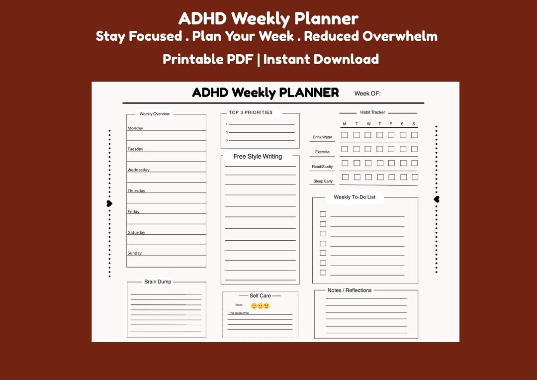 ADHD Weekly Planner Printable | Minimalist Productivity Focus (A4, A5 ...