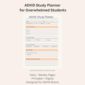 Puede incluir: Planificador de estudio para TDAH con secciones para la planificación diaria y semanal. Incluye áreas para niveles de energía, prioridades, bloqueo de tiempo, sesiones de enfoque y una sección de lluvia de ideas. Texto: "ADHD Study Planner for Overwhelmed Students."