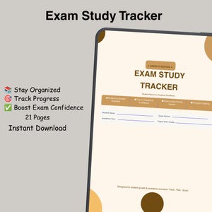 May include: Digital exam study tracker with the title "Exam Study Tracker" and the text "Growth Edition." The tracker includes sections for subject schedules, topic checklists, and progress tracking. Additional text includes "Stay Organized," "Track Progress," and "Boost Exam Confidence."