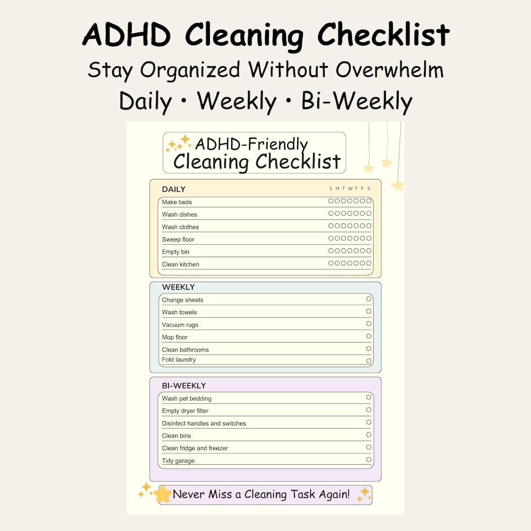 ADHD Cleaning Checklist Printable, Daily Weekly Bi-weekly Planner, Stay