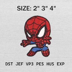 Può includere: Toppa ricamata con un Spider-Man dei cartoni animati in rosso, blu e bianco. Disponibile nelle misure di 5 cm, 7,6 cm e 10,2 cm. Il design include il testo "SIZE: 2" 3" 4"" in alto e "DST JEF VP3 PES HUS EXP" in basso.