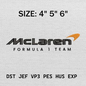 May include: Embroidered patch featuring the McLaren Formula 1 Team logo. The patch includes the text "SIZE: 4" 5" 6"" and the file types "DST JEF VP3 PES HUS EXP". The logo is black with an orange swoosh.