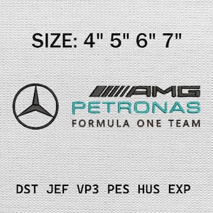 May include: Embroidered patch featuring the Mercedes-Benz logo and the AMG Petronas Formula One Team emblem. The patch is available in sizes 4", 5", 6", and 7" and includes the text "FORMULA ONE TEAM".